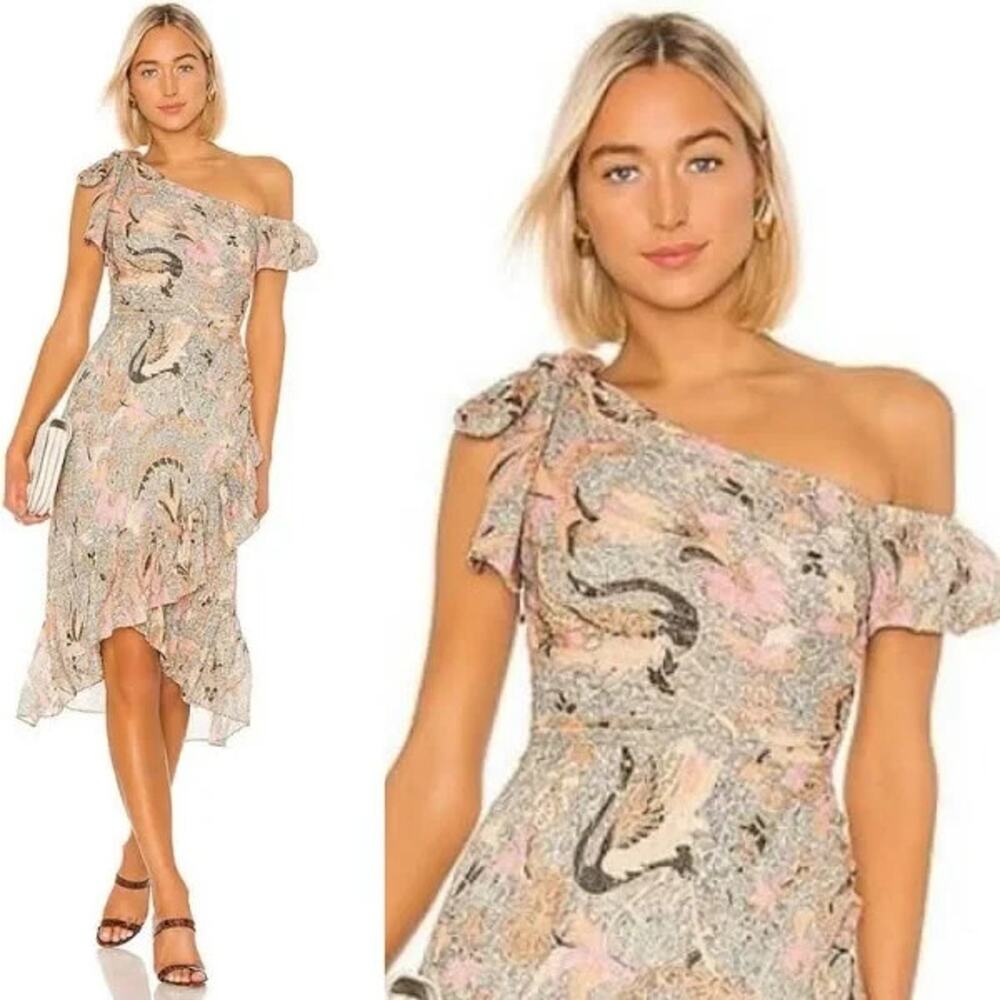 Ulla Johnson Silk Uma One Shoulder High Low Midi Dress Birds of Paradise Size 2